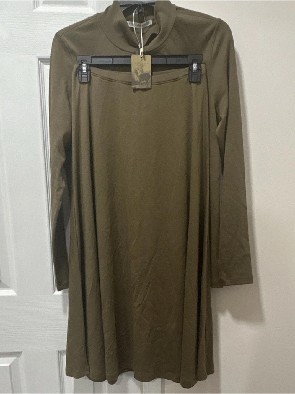 Peruvian Connection Pima Cotton Mock Neck Top Skirt 2pc Matching Set Moss Green